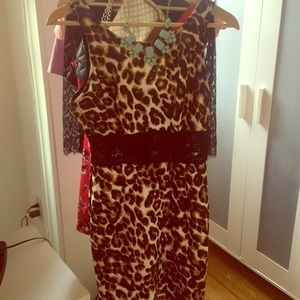 Leopard print and black lace stretch mini dress